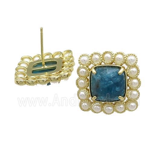 Copper Stud Earrings Pave Apatite Pearlized Resin Square Gold Plated
