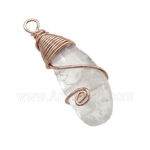 Natural Clear Quartz Teardrop Pendant Copper Wire Wrapped Rose Gold