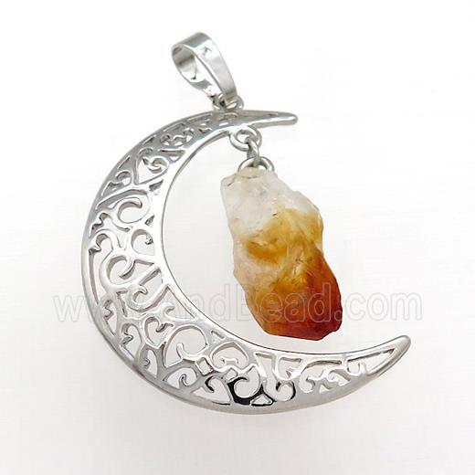 Copper Moon Pendant With Citrine Platinum Plated