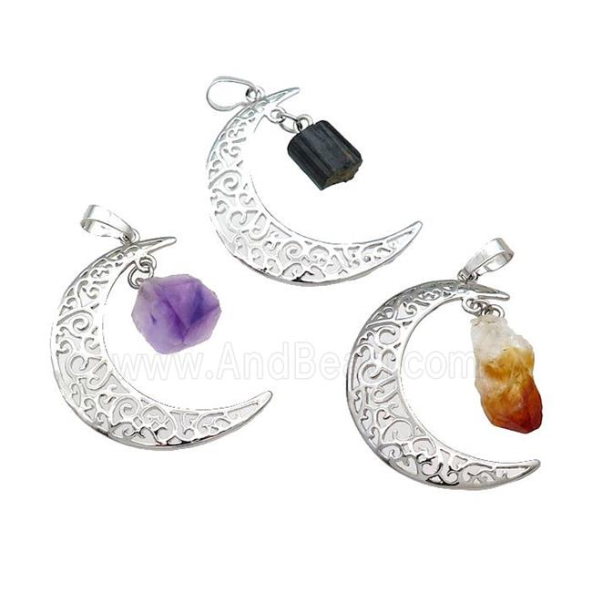 Copper Moon Pendant With Gemstone Platinum Plated Mixed