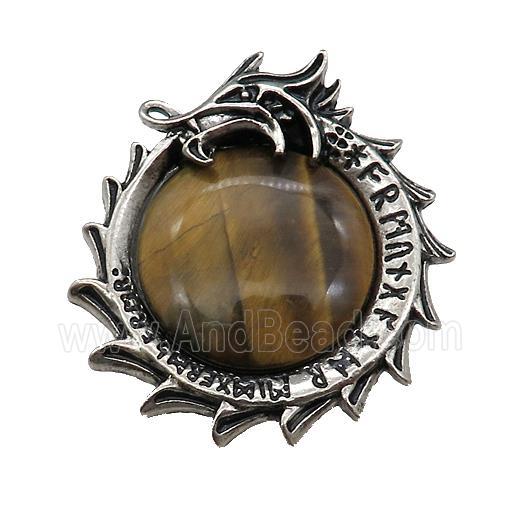 Alloy Dragon Charms Pendant Pave Tiger Eye Stone Antique Silver
