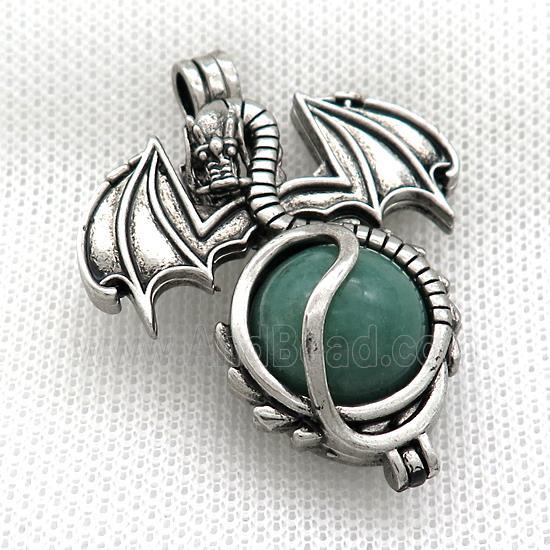 Alloy Dragon Charms Pendant Pave Green Aventurine Antique Silver