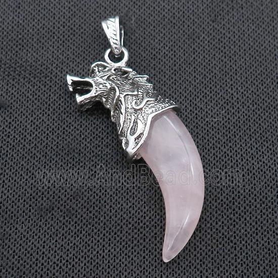 Alloy Wolf Pendant Pave Pink Rose Quartz Antique Silver