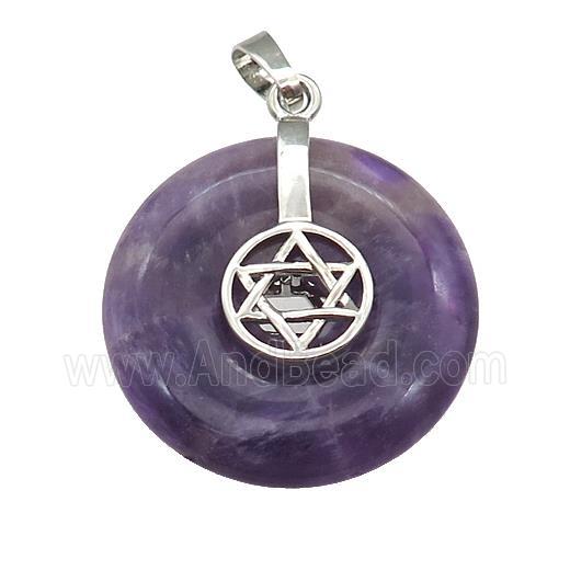 Natural Purple Amethyst Donut Pendant With Alloy David Star