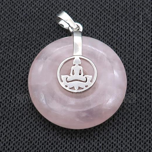 Natural Pink Rose Quartz Donut Pendant With Alloy Buddha OM