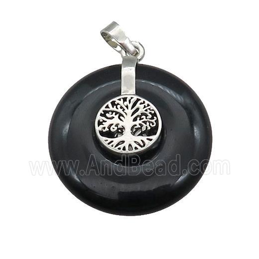 Natural Black Obsidian Donut Pendant With Alloy Tree Of Life