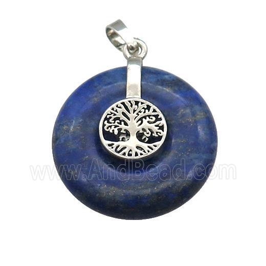 Natural Blue Lapis Lazuli Donut Pendant With Alloy Tree Of Life