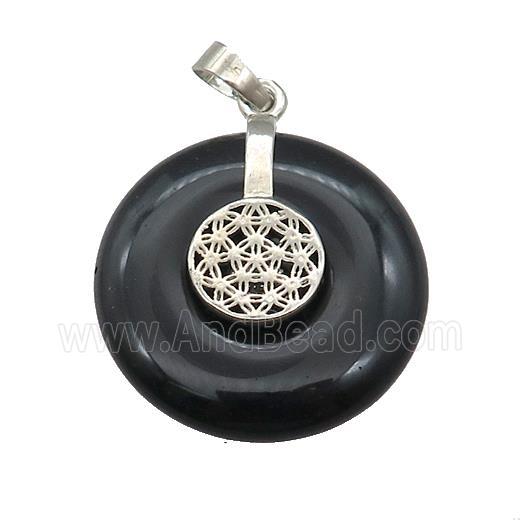 Natural Black Obsidian Donut Pendant With Alloy Flower Of Life