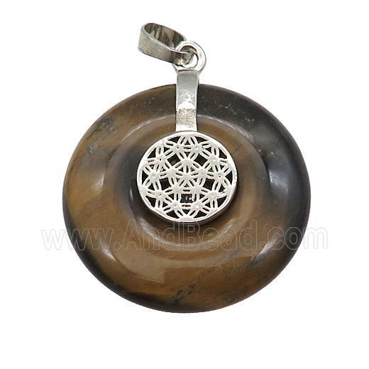 Natural Tiger Eye Stone Donut Pendant With Alloy Flower Of Life