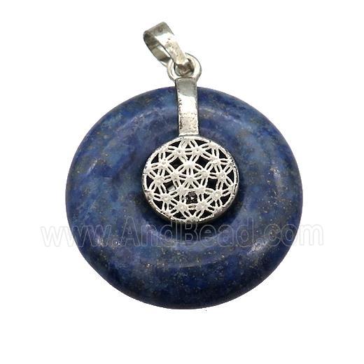 Natural Blue Lapis Lazuli Donut Pendant With Alloy Flower Of Life