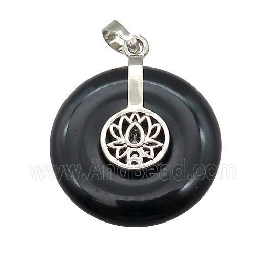 Natural Black Obsidian Donut Pendant With Alloy Buddhist Lotus