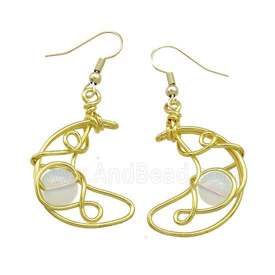 Copper Hook Earrings Moon With White Opalite Wire Wrapped Gold Plated