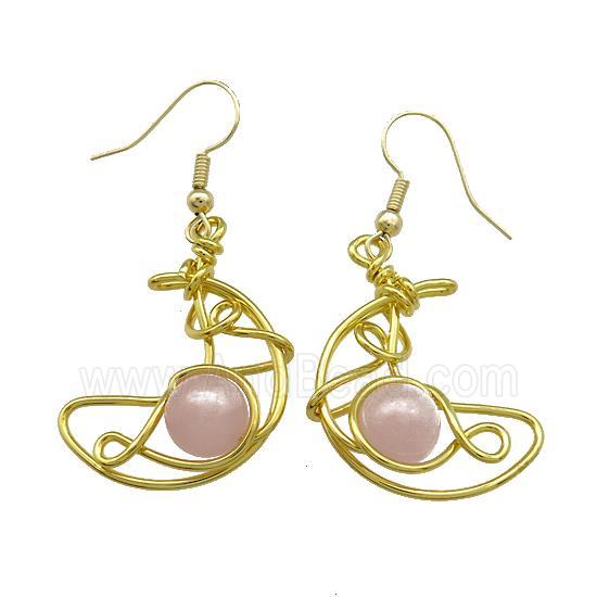 Copper Hook Earrings Moon With Rose Quartz Wire Wrapped Gold Plated