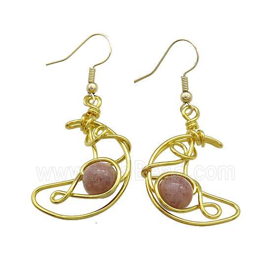 Copper Hook Earrings Moon With Pink Strawberry Quartz Wire Wrapped Gold Plated