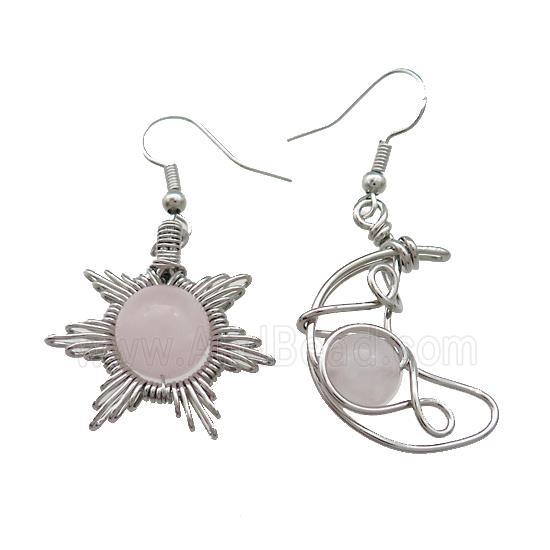 Copper Hook Earring Star Moon With Rose Quartz Wire Wrapped Platinum Plated