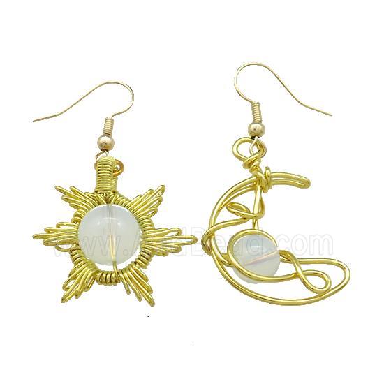 Copper Hook Earring Star Moon With Opalite Wire Wrapped Gold Plated