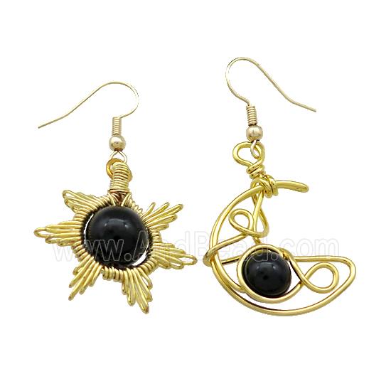 Copper Hook Earring Star Moon With Black Obsidian Wire Wrapped Gold Plated