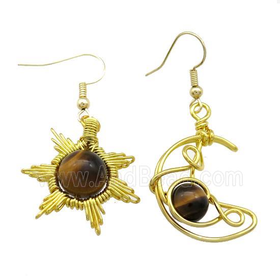 Copper Hook Earring Star Moon With Tiger Eye Stone Wire Wrapped Gold Plated