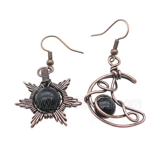 Copper Hook Earring Star Moon With Black Obsidian Wire Wrapped Antique Red
