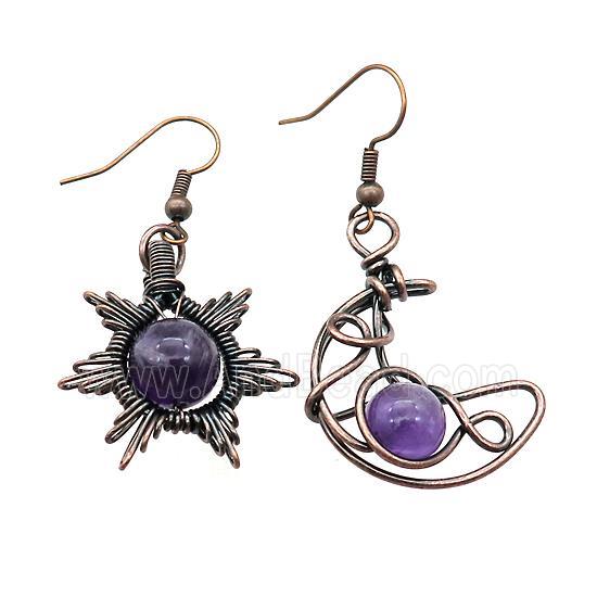 Copper Hook Earring Star Moon With Purple Amethyst Wire Wrapped Antique Red