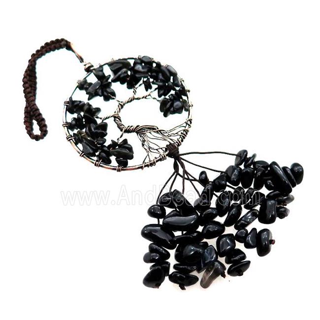 Tree Of Life Pendant Tassel With Black Obsidian Copper Wire Wrapped Antique Red