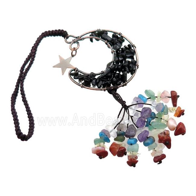 Black Obsidian Moon Pendant Tassel With Chakra Gemstone Copper Wire Wrapped Antique Red
