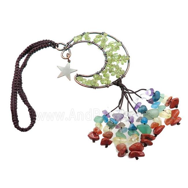 Green Peridot Moon Pendant Tassel With Chakra Gemstone Copper Wire Wrapped Antique Red
