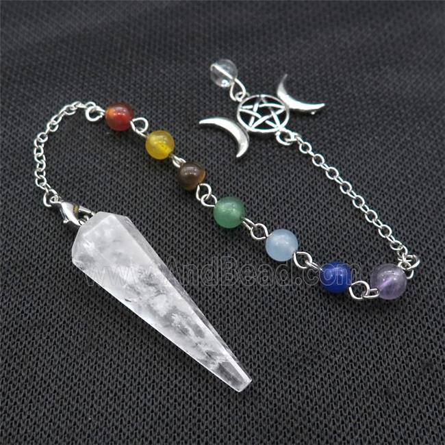 Clear Quartz Pendulum Pendant With Gemstone Chakra Chain Alloy Star Moon Platinum Plated