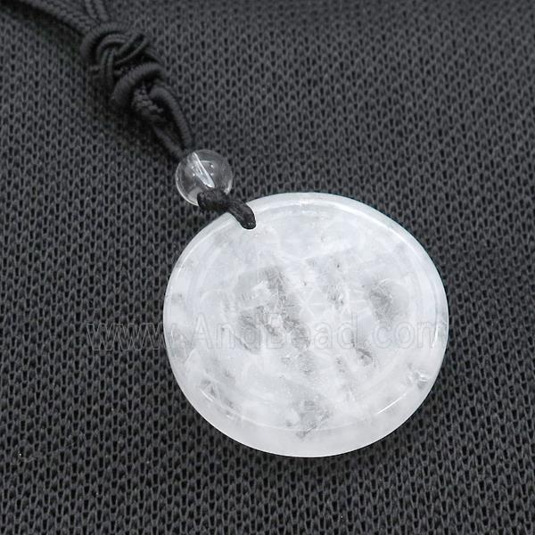 Clear Quartz Circle Chakra Necklace Black Nylon Rope Cord
