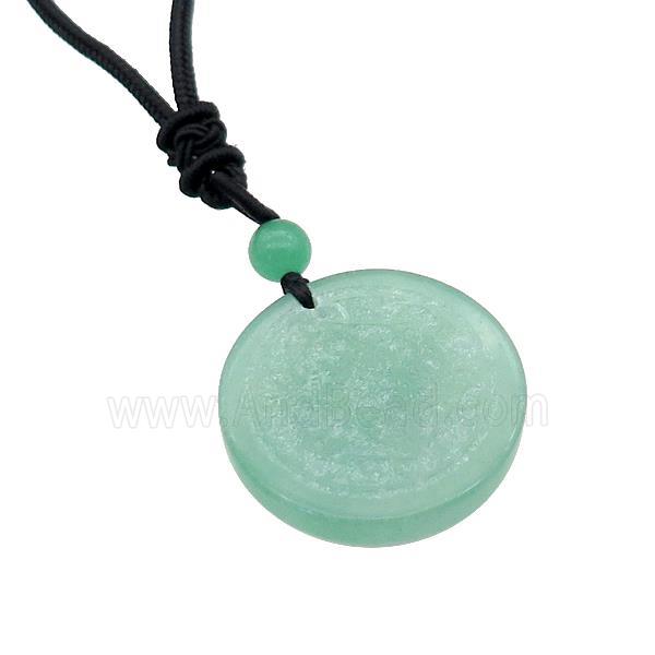 Green Aventurine Circle Chakra Necklace Black Nylon Rope Cord