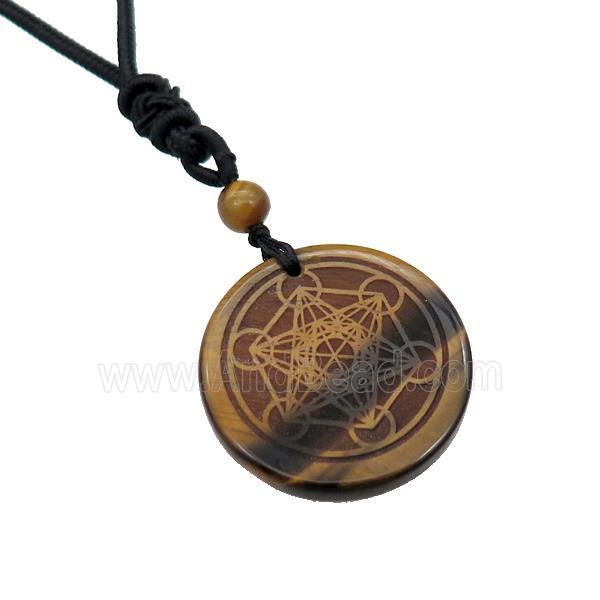 Tiger Eye Stone Circle Chakra Necklace Black Nylon Rope Cord