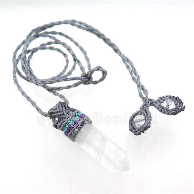 Clear Quartz Prism Necklace Gray Fabric Rope Cord