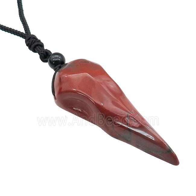 Red Jasper Crow Skull Necklace Birds Black Nylon Rope Cord