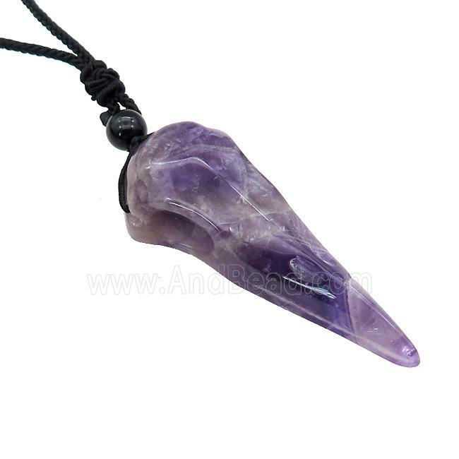 Purple Amethyst Crow Skull Necklace Birds Black Nylon Rope Cord