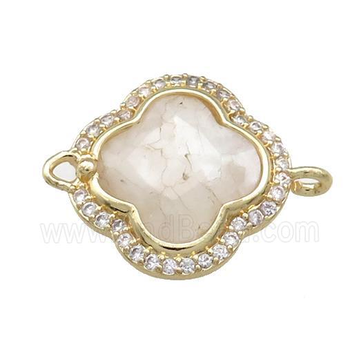 White Moonstone Clover Connector Pave Zircon Gold Plated