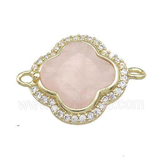 Pink Rose Quartz Clover Connector Pave Zircon Gold Plated
