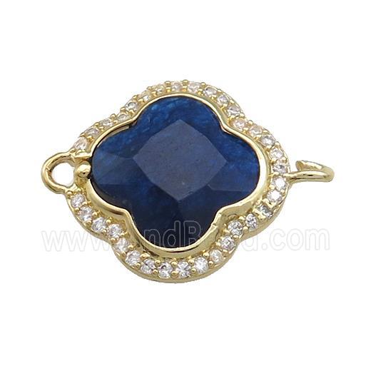 Jade Clover Connector Pave Zircon Darkblue Dye Gold Plated
