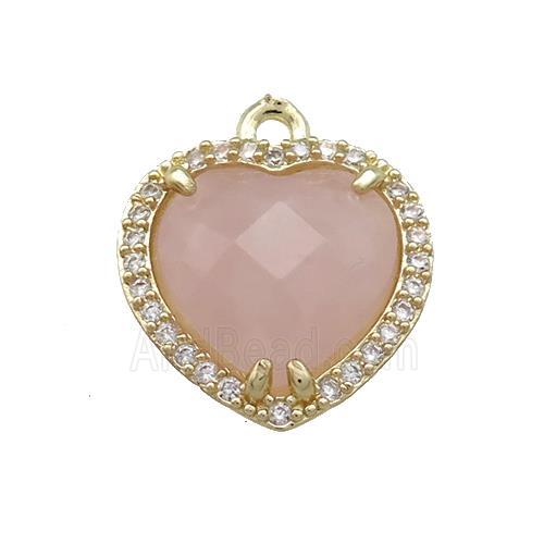 Pink Rose Quartz Heart Pendant Pave Zircon Gold Plated