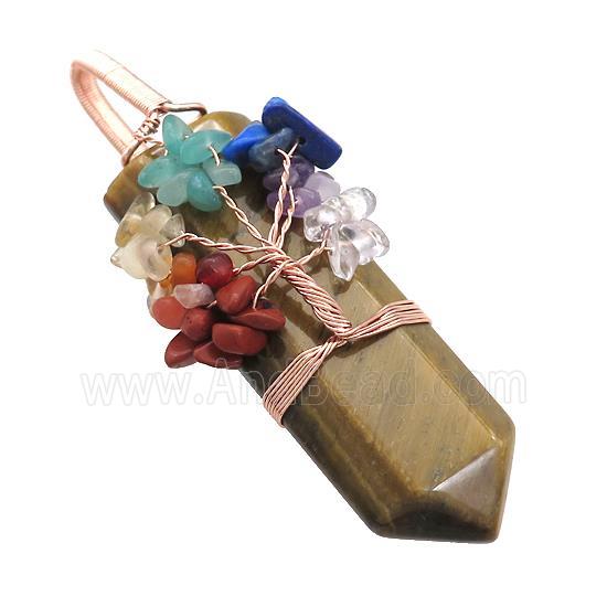 Natural Tiger Eye Stone Bullet Pendant With Chakra Gemstone Chips Tree Of Life Wire Wrapped Rose Gol