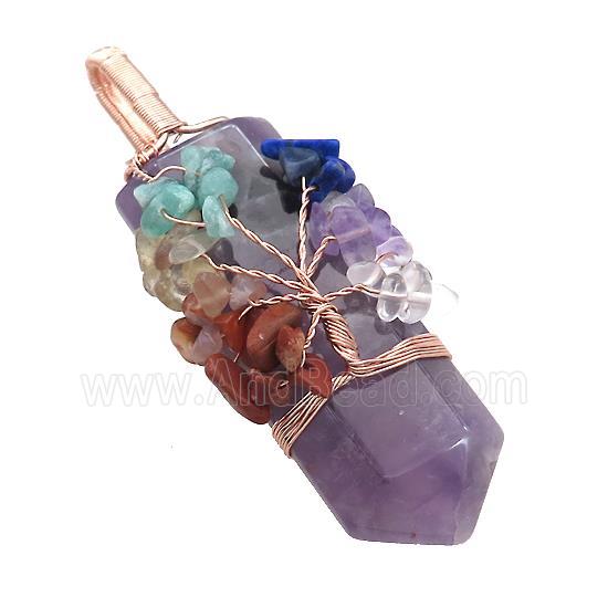 Natural Purple Amethyst Bullet Pendant With Chakra Gemstone Chips Tree Of Life Wire Wrapped Rose Gol
