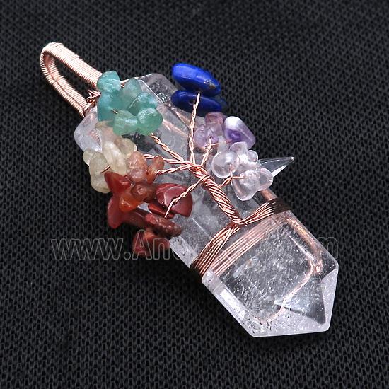 Natural Clear Quartz Bullet Pendant With Chakra Gemstone Chips Tree Of Life Wire Wrapped Rose Gold