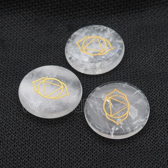 Natural Clear Quartz Coin Beads Undrilled Yoga Chakra Element Symbols