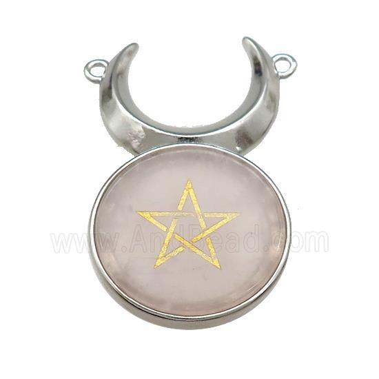 Pink Rose Quartz Coin Star Symbols Alloy Moon Pendant Platinum Plated