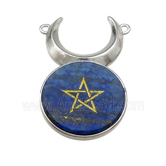 Natural Lapis Lazuli Coin Star Symbols Alloy Moon Pendant Platinum Plated