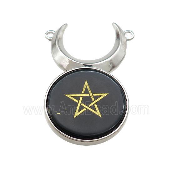 Black Obsidian Coin Star Symbols Alloy Moon Pendant Platinum Plated