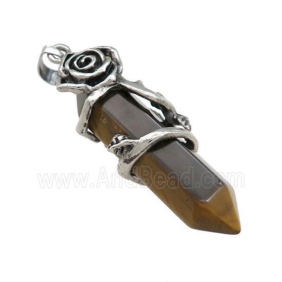 Natural Tiger Eye Stone Energy Prism Pendant Alloy Flower Wrapped