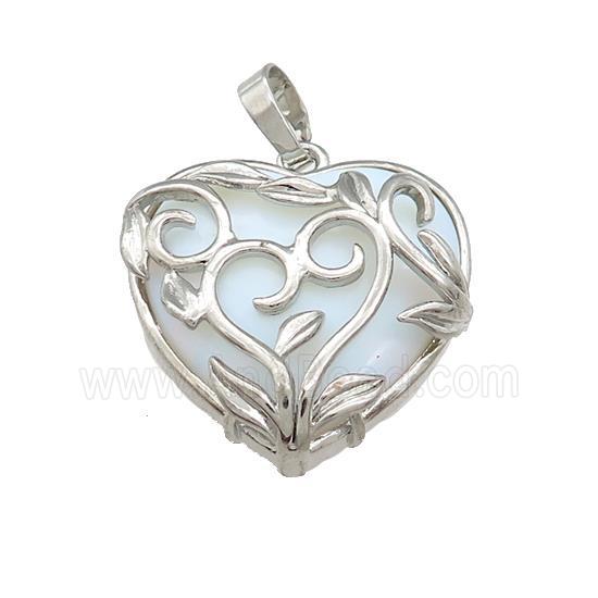 White Opalite Heart Pendant Alloy Flower Wrapped Platinum Plated