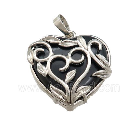 Black Obsidian Heart Pendant Alloy Flower Wrapped Platinum Plated