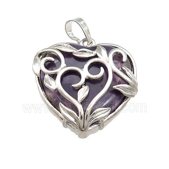 Natural Purple Amethyst Heart Pendant Alloy Flower Wrapped Platinum Plated