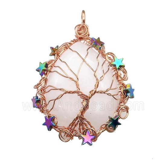 Natural Clear Quartz Teardrop Pendant With Tree Of Life Wire Wrapped Rose Gold